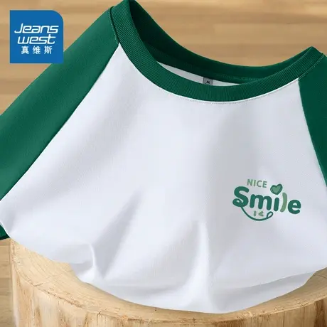 JR真维斯白绿撞色设计感短袖T恤女2025新款夏季插肩休闲宽松上衣图片