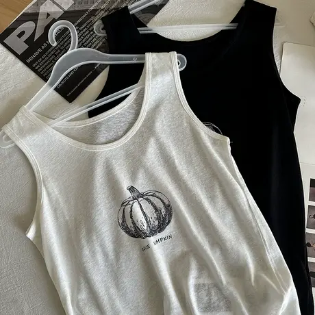 麻感竹节棉U领素描南瓜印花背心女2025夏季新款韩系薄款无袖上衣图片