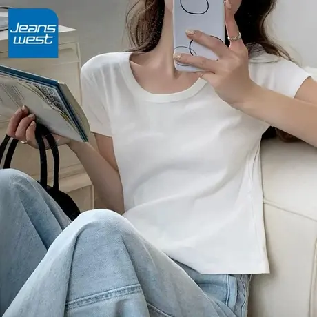 KV真维斯白色正肩短袖t恤女夏新款2025休闲圆领纯棉短款体恤上衣商品大图