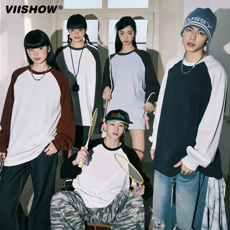 VIISHOW美式插肩长袖t恤女秋季宽松正肩设计感内搭打底衫长款上衣商品大图