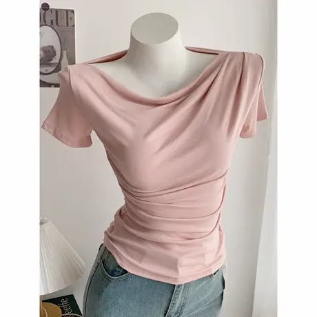 2023夏季纯欲不规则褶皱荡领短袖t恤露肩设计感时尚小众上衣女商品大图
