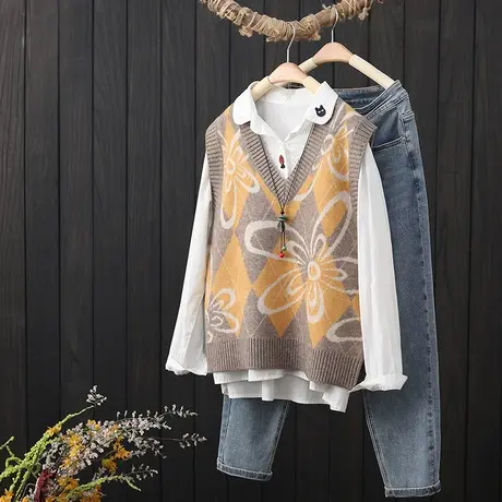 秋季2022新款无袖毛衣坎肩女马甲撞色针织衫V领套头宽松马夹背心商品大图