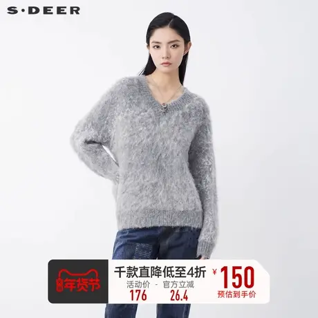 sdeer圣迪奥冬装休闲罗纹V领宽松长袖针织毛衣S21463573图片