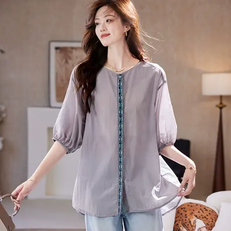宝诗黎七分袖宽松刺绣衬衫2025夏季薄款简约休闲大码百搭衬衣女图片