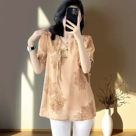 宽松短袖雪纺上衣t恤女短袖夏季2025新款国风中年妈妈大码遮肚子商品大图