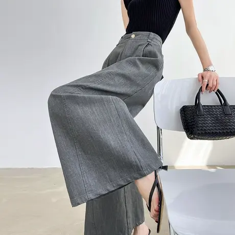 烟灰色亚麻牛仔休闲裤女夏季薄款高腰宽松九分小个子垂感大阔腿裤商品大图