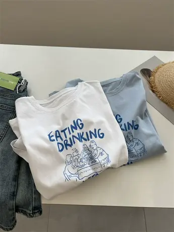 美式休闲简约印花圆领短袖t恤女宽松棉质新款夏季打底衫上衣学生商品大图