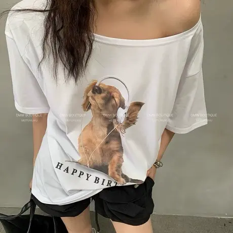 韩版2025夏季新款小狗印花大圆领露肩短袖宽松休闲百搭上衣T恤女图片