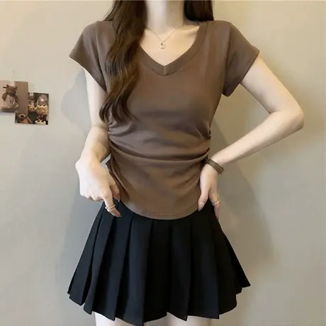 夏季2025新款V领正肩短袖T恤女韩版修身小个子短款褶皱收腰上衣潮图片