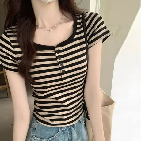 条纹正肩纯棉短袖T恤女2025夏季新款修身韩版短款小个子半袖上衣图片