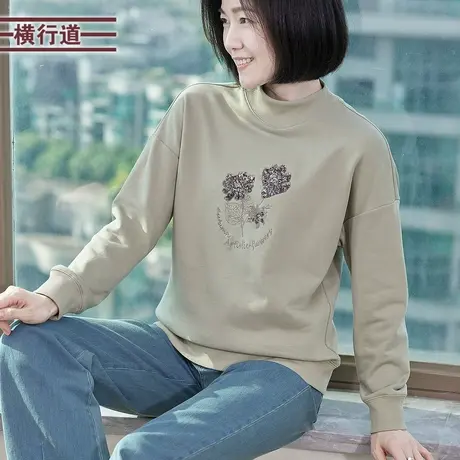 套头外穿上衣休闲纯色大码女装服图案宽松珠片刺绣落肩卫衣春装商品大图