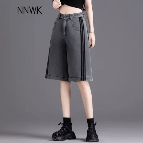 夏日高腰牛仔短裤女2025新款薄款宽松五分中裤时尚黑色阔腿直筒裤商品大图