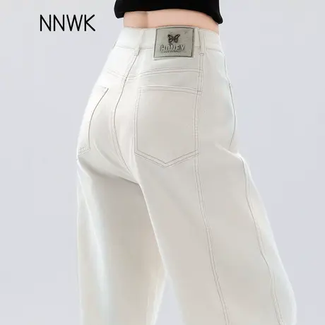 设计感拼接牛仔裤女2025新款夏季薄款米白色弯刀裤高腰宽松镰刀裤商品大图