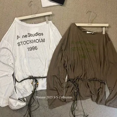 夏季美式时髦字母印花斜领露肩长袖T恤女薄款防晒罩衫薄款上衣潮商品大图