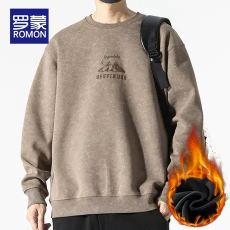 罗蒙加绒卫衣男秋冬季2025新款加厚保暖圆领上衣男士休闲长袖T恤商品大图