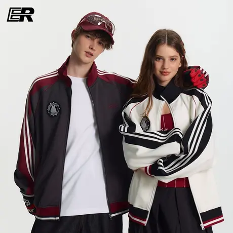 ER撞色条纹插肩袖卫衣男2025春秋美式休闲潮牌情侣立领拉链外套女图片