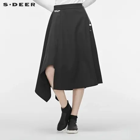 sdeer 💻圣迪奥 💼女装无松紧腰字母贴布不规则摆黑色长裙S19381113商品大图