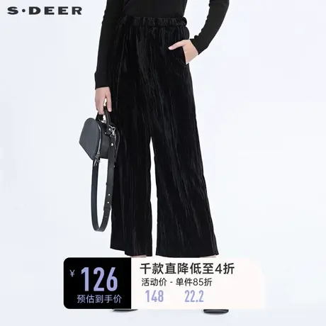 sdeer圣迪奥冬季女装简约复古松紧黑色灯芯绒直筒长裤S20480812🌚商品大图