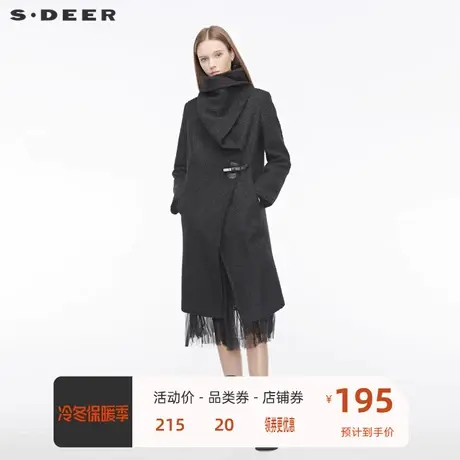 sdeer圣迪奥女季新款时尚休闲高领斜襟拼接纯黑大衣S19481756🔺商品大图