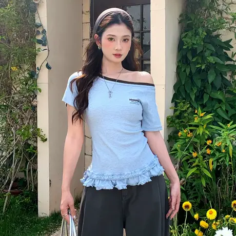 尔给设计感拼接撞色T恤女修身时尚刺绣花荷叶边上衣女商品大图