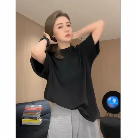 纯棉夏季中长款短袖t恤女2025新款内搭打底衫宽松大码纯色上衣潮商品大图