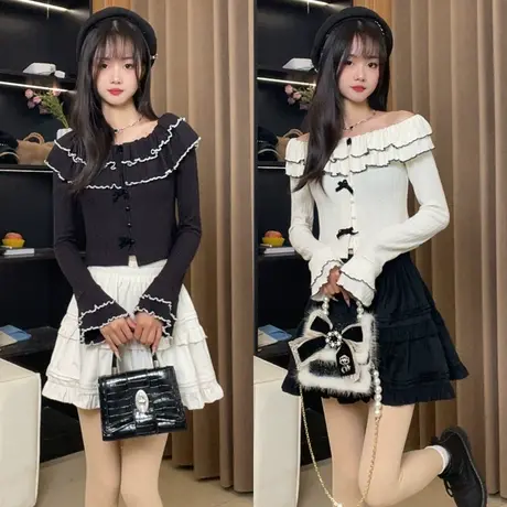 一字肩荷叶边长袖针织新款设计感上衣女百搭收腰气质打底衫女显瘦商品大图