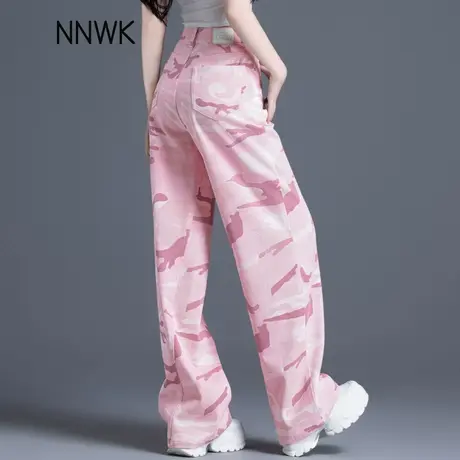 美式高街粉色迷彩牛仔裤女2025新款阔腿裤今年流行爆款宽松直筒裤图片
