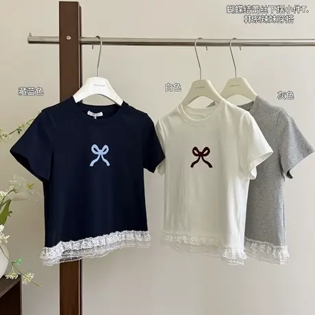 韩国减龄蝴蝶结印花T恤女短袖小个子短款下摆拼接蕾丝边T恤上衣商品大图