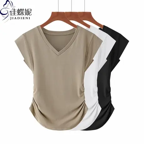 夏季新款V领修身下摆圆弧纯欲褶皱纯棉短袖体恤上衣内搭女打底衫商品大图