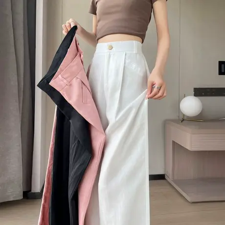 白色天丝亚麻西装裤女夏季薄款高腰垂感冰丝拖地直筒休闲阔腿裤子商品大图