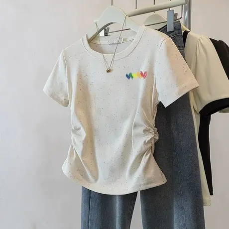 潮流短款收腰t恤女2025新款褶皱修身彩虹波点减龄短袖小个子上衣图片
