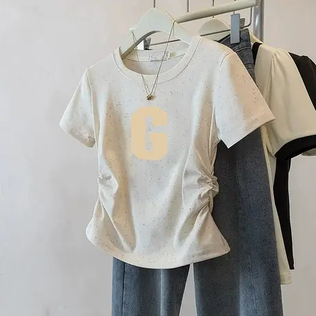 新款夏季彩虹波点洋气褶皱收腰上衣短款t恤女甜妹风彩虹波点短袖图片