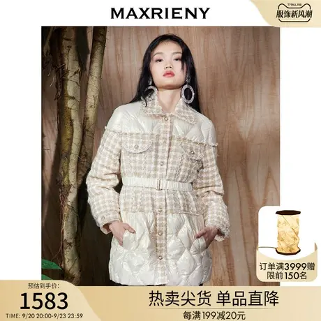 MAXRIENY复古花纱拼接羽绒服女新款冬季白鸭绒外套商品大图