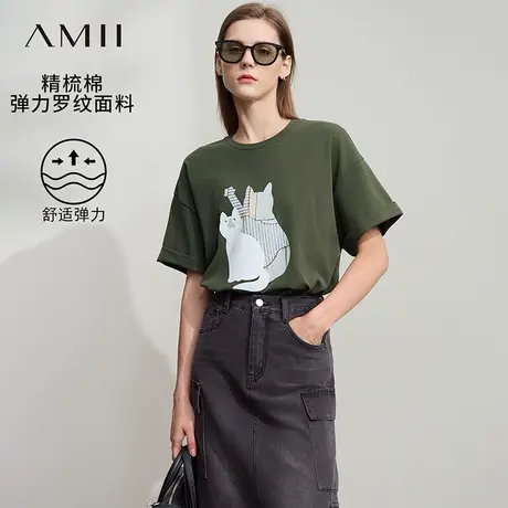Amii2025夏新款休闲圆领印花翻边短袖T恤宽松精梳棉弹力上衣女商品大图