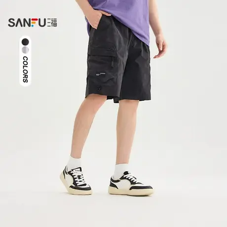 三福2025夏季男士满版脏染工装中裤 潮流宽松橡筋腰裤子图片