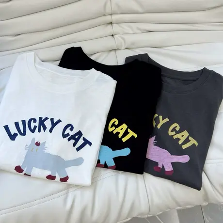 雪花棉猫咪印花短袖T恤女夏季薄款宽松减龄休闲百搭显瘦圆领上衣商品大图