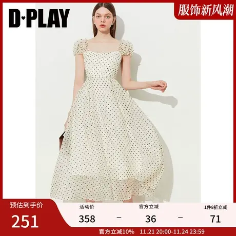 DPLAY夏温柔法式奶杏波点纱肌理感小泡袖高腰大摆连衣裙商品大图