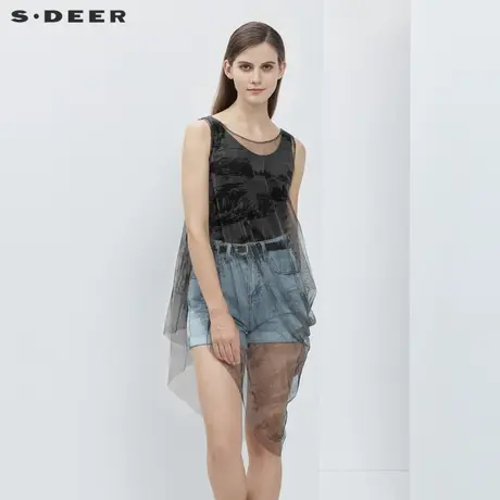 sdeer圣迪奥女装夏装不规则印花网纱无袖设计T恤两件套S20280303图片