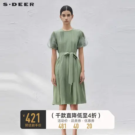 sdeer圣迪奥女装风琴褶收腰网纱泡泡袖连衣裙S232Z12UB图片