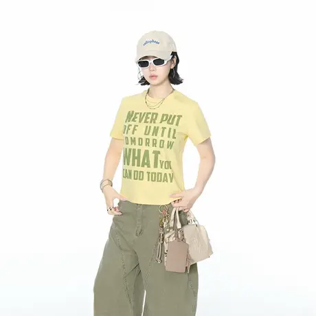 2025夏季新款正肩修身短款印花短袖T恤女ins辣妹街头风半袖上衣商品大图