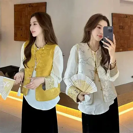 国风马甲女刺绣背心宽松衬衫两件套春新款新中式两面穿马夹外套装图片