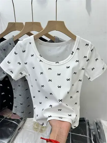 韩版蝴蝶结印花短袖T恤女2024年夏季新款修身显瘦短款打底衫上衣商品大图