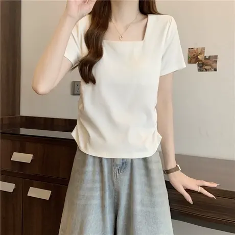 ins超火方领正肩露锁骨短袖T恤女夏季韩版百搭修身短款半袖上衣服商品大图