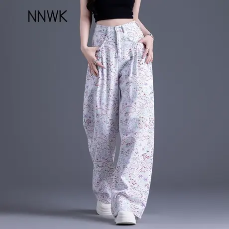 设计感时尚印花阔腿牛仔裤女2025新款夏季裤子宽松bf慵懒风直筒裤商品大图