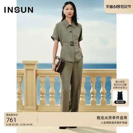 INSUN恩裳专选夏季褶裥醋酸女士直筒休闲裤商品大图