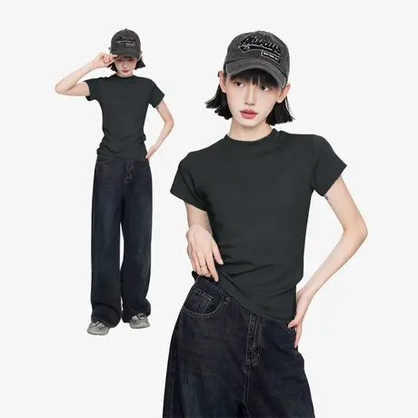 KWV真维斯t恤女2025夏季新款修身黑色圆领短袖简约半袖紧身体恤衫商品大图