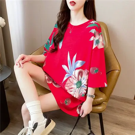 2024夏季新款短欧货树叶印花大码短袖T恤女韩版宽松百搭上衣女潮商品大图