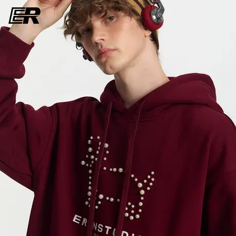 ER珍珠小狗印花连帽重磅卫衣2025秋季情侣美式潮牌宽松休闲套头衫商品大图