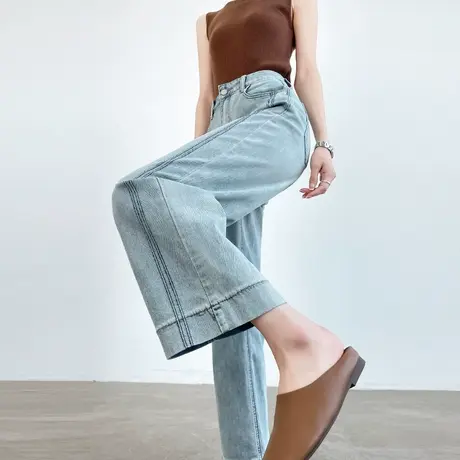 九分蓝色宽松阔腿牛仔裤女夏季薄款高腰显瘦八分小个子明线直筒裤商品大图