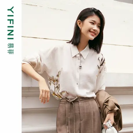 [专柜同款]Yifini/易菲高级感醋酸混纺宽松衬衫落肩上衣秋新外套图片